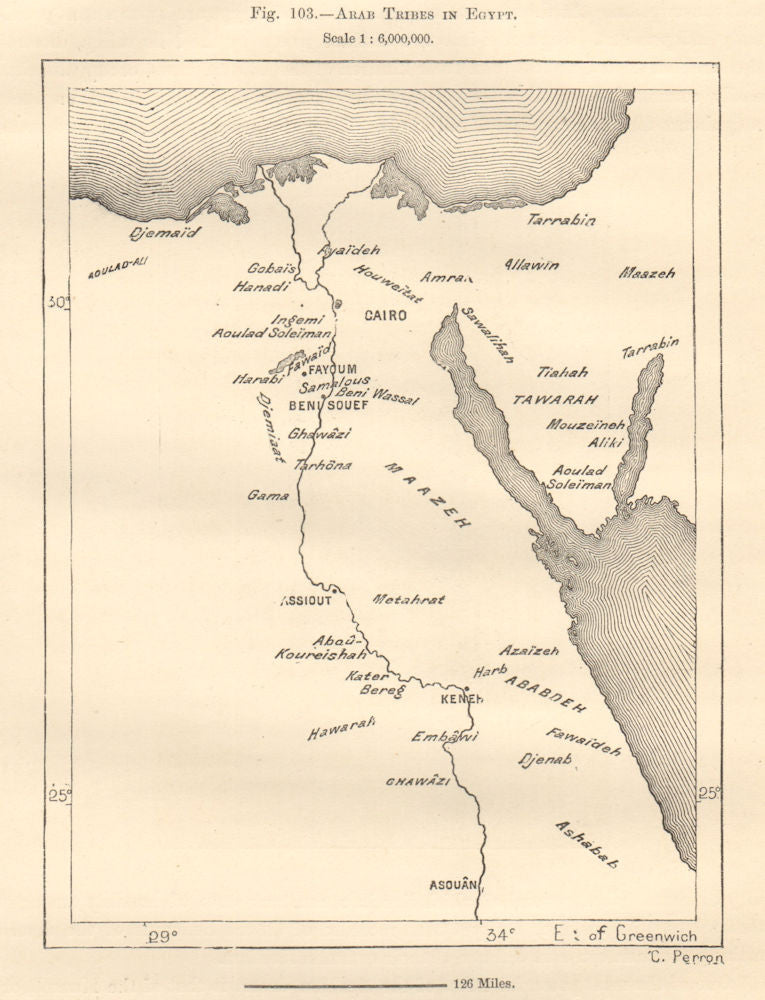 Arab Tribes in Egypt sketch map 1885 old antique vintage plan chart